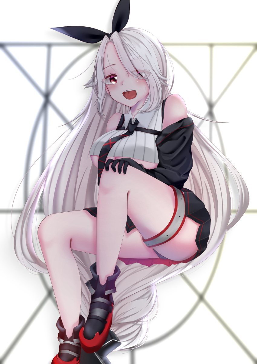 1girl absurdres artist_request azur_lane bare_shoulders black_neckwear black_sleeves braid breasts crop_top detached_sleeves eyebrows_visible_through_hair full_body hair_over_one_eye hair_ribbon high-waist_skirt highres large_breasts long_hair necktie open_mouth pleated_skirt prinz_heinrich_(azur_lane) red_eyes ribbon simple_background single_braid skirt solo under_boob very_long_hair white_background white_hair wing_collar