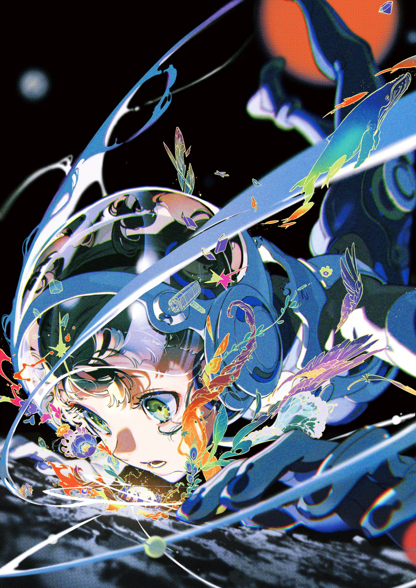 1girl abstract absurdres blurry blurry_background blurry_foreground bug butterfly commentary crater depth_of_field english_commentary eyelashes floating flower green_eyes highres insect light moon open_mouth original short_hair solo space space_helmet spacesuit teeth whale wings yoneyama_mai