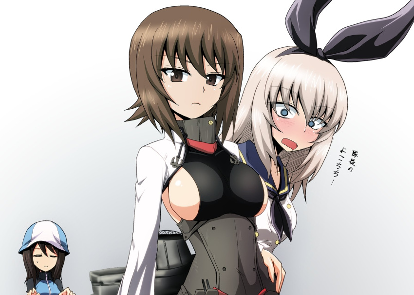 3girls anchor_ornament bangs black_dress black_neckwear black_ribbon blue_eyes blue_headwear blue_jacket blue_sailor_collar blush breasts brown_eyes brown_hair closed_eyes closed_mouth commentary constricted_pupils cosplay dress eyebrows_visible_through_hair frown girls_und_panzer gorget gradient gradient_background grey_background hair_ribbon hand_on_hip hat highres instrument itsumi_erika jacket kamishima_kanon keizoku_military_uniform large_breasts leaning_forward long_hair long_sleeves looking_at_another looking_at_viewer medium_hair mika_(girls_und_panzer) military military_uniform multiple_girls music necktie nishizumi_maho open_mouth playing_instrument raglan_sleeves ribbon rigging sailor_collar saliva shimakaze_(kantai_collection) shimakaze_(kantai_collection)_(cosplay) shirt short_hair shrug_(clothing) side_cutout silver_hair smile standing sweatdrop taihou_(kantai_collection) taihou_(kantai_collection)_(cosplay) track_jacket translated tulip_hat underbust uniform white_jacket white_shirt