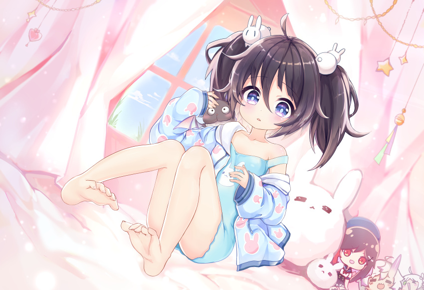 absurdres animal_print artist_request bare_shoulders barefoot bed black_hair blossomlive! blue_eyes bunny_hair_ornament bunny_print eyebrows_visible_through_hair flat_chest hair_ornament highres long_sleeves oversized_clothes rabbit shinyoon_nan_(vtuber) sleepwear twintails