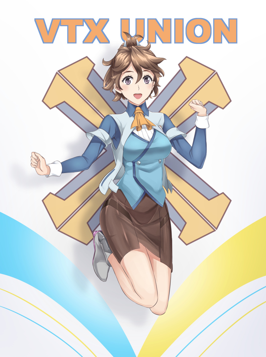 1girl absurdres airborne ascot bangs black_skirt breasts brown_hair clenched_hands hair_between_eyes highres jiguang_zhi_aoluola jumping medium_breasts open_mouth orange_neckwear ramy_amasaki skirt smile solo super_robot_wars super_robot_wars_t tied_hair uniform violet_eyes