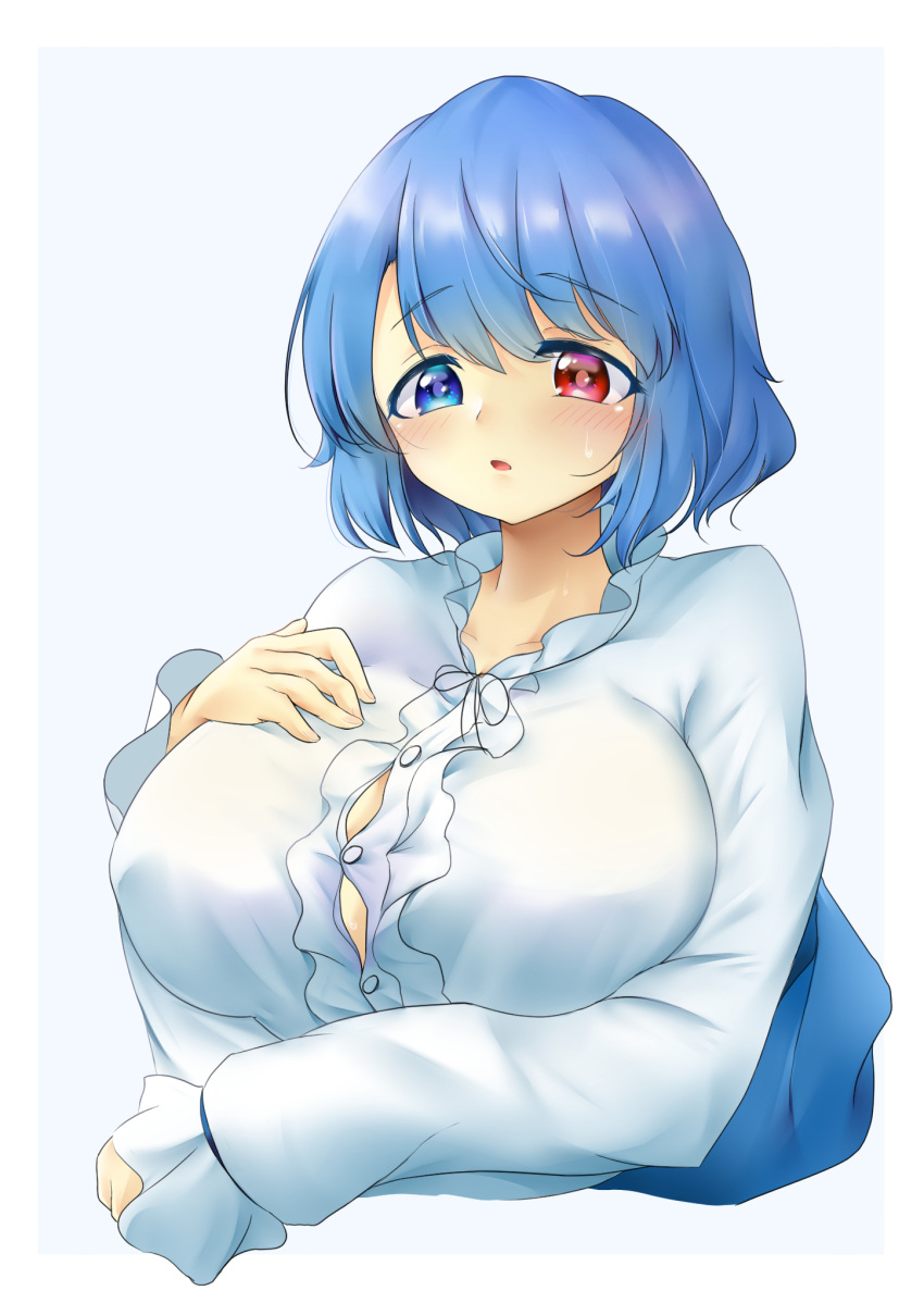 1girl bangs blue_eyes blue_hair blue_vest blush breasts collarbone heterochromia highres large_breasts long_sleeves poke200 red_eyes shirt short_hair simple_background solo tatara_kogasa textless tight tight_shirt touhou vest vest_removed white_background white_shirt