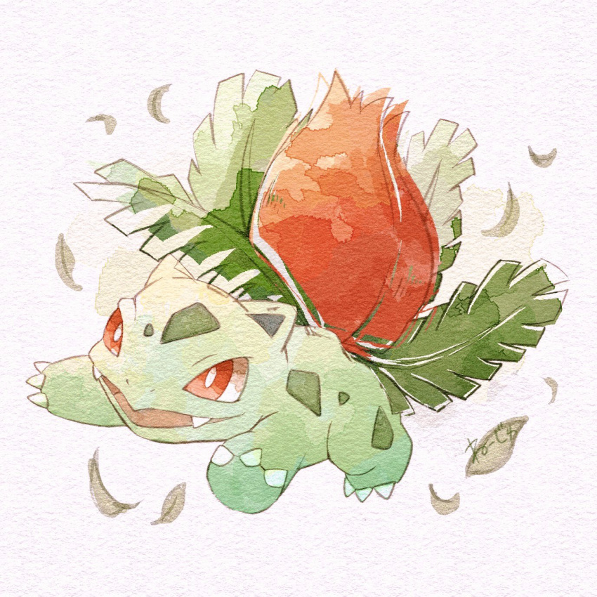 commentary_request fangs full_body gen_1_pokemon highres ivysaur leaf neejyu no_humans open_mouth pokemon pokemon_(creature) red_eyes smile solo tongue