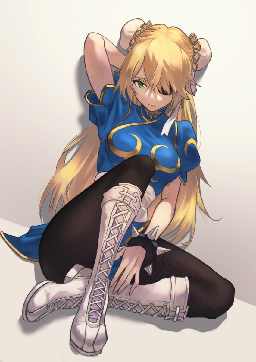 1girl absurdres bangs blonde_hair blush bracelet breasts bun_cover china_dress chinese_clothes chun-li chun-li_(cosplay) cosplay double_bun dress eyepatch fischl_(genshin_impact) genshin_impact green_eyes hair_over_one_eye highres jewelry kurai_munio long_hair looking_at_viewer medium_breasts pantyhose pelvic_curtain puffy_short_sleeves puffy_sleeves short_sleeves spiked_bracelet spikes street_fighter two_side_up