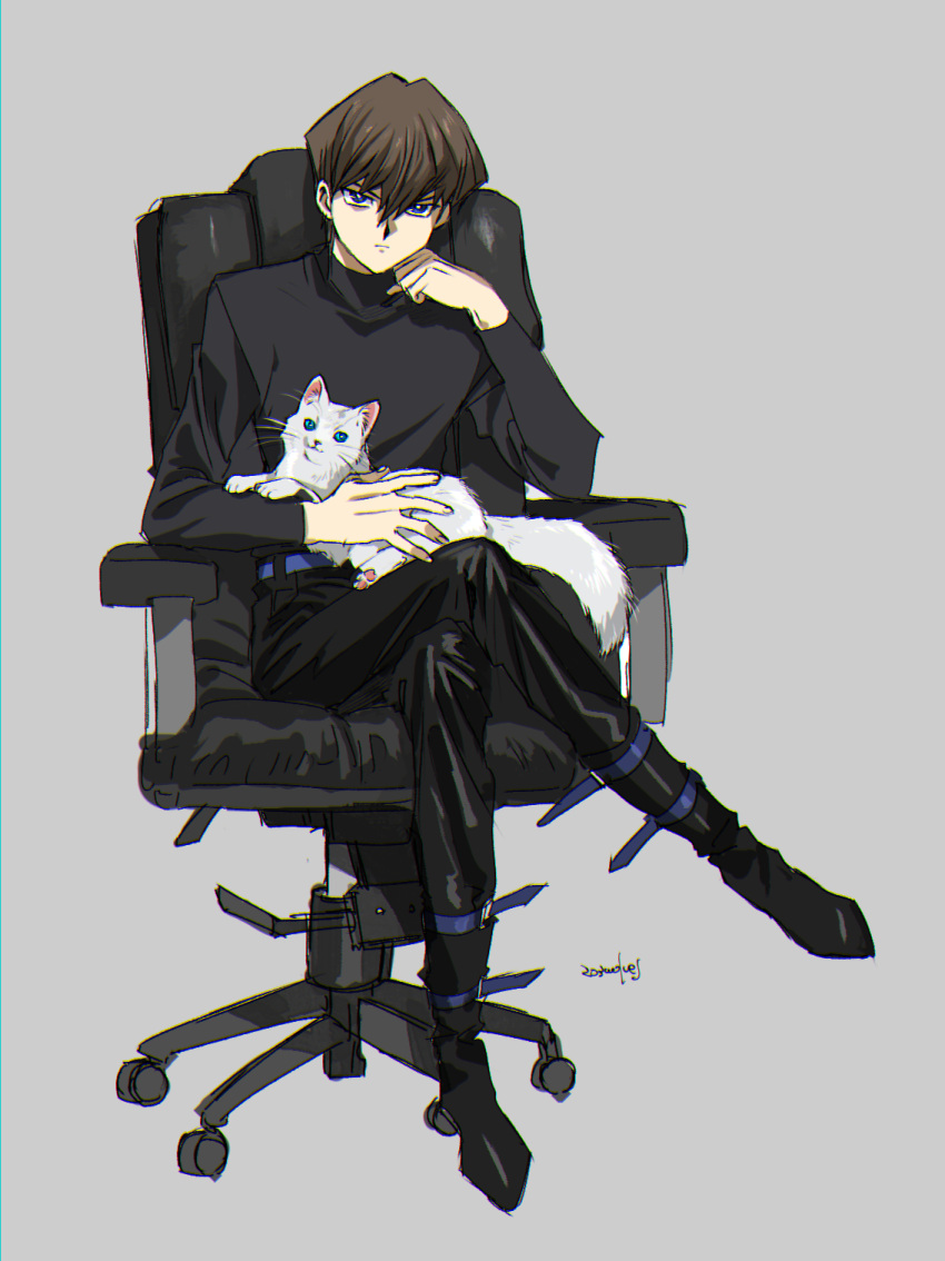 1boy 203wolves animal_on_lap bangs belt black_footwear black_pants black_shirt blue_belt blue_eyes brown_hair cat cat_on_lap chair closed_mouth grey_background hair_between_eyes highres kaiba_seto long_sleeves looking_at_viewer male_focus pants shiny shiny_clothes shirt short_hair simple_background sitting solo yu-gi-oh! yu-gi-oh!_duel_monsters