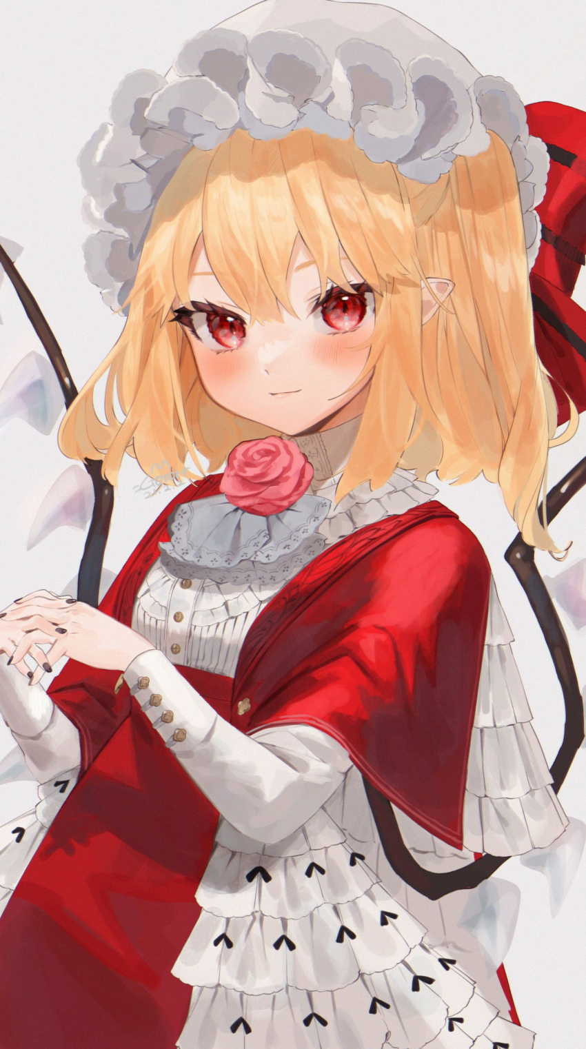 1girl absurdres adapted_costume bangs black_nails blonde_hair blush commentary_request crystal dress flandre_scarlet flower gotoh510 grey_background hat hat_ribbon highres interlocked_fingers long_sleeves looking_at_viewer mob_cap nail_polish pointy_ears red_dress red_flower red_ribbon ribbon rose shirt side_ponytail signature smile solo touhou upper_body white_headwear white_neckwear white_shirt wings