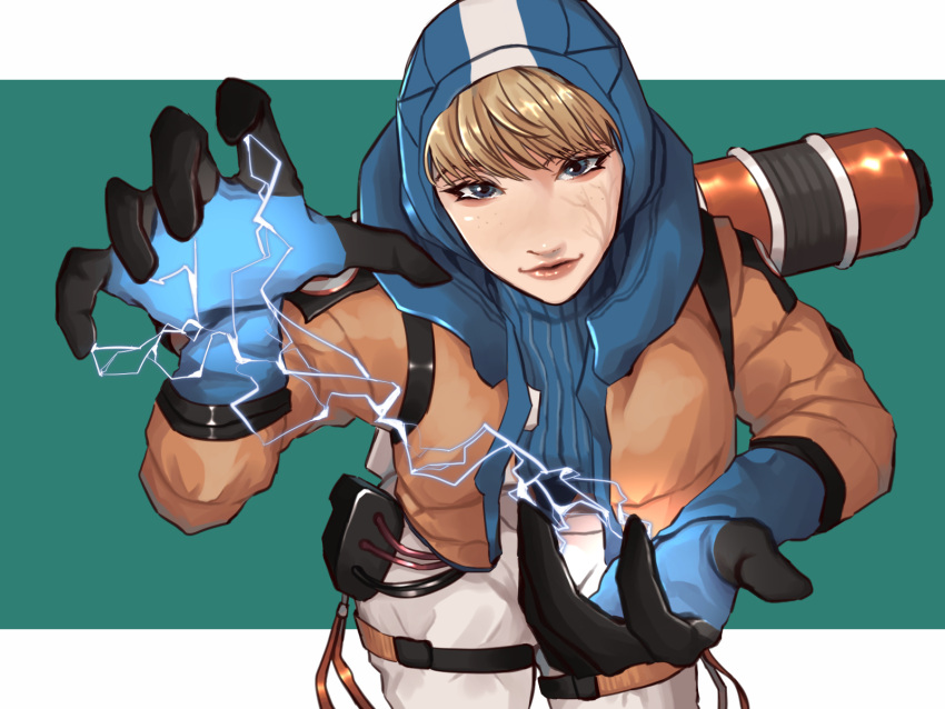 1girl apex_legends blue_gloves blue_sweater bodysuit cable electricity eyebrows_behind_hair freckles gloves highres hood hood_up jacket leaning_forward lichtenberg_figure looking_at_viewer open_hands orange_jacket ribbed_sweater scar scar_on_cheek scar_on_face solo sweater ukiyo_okashi wattson_(apex_legends) white_bodysuit