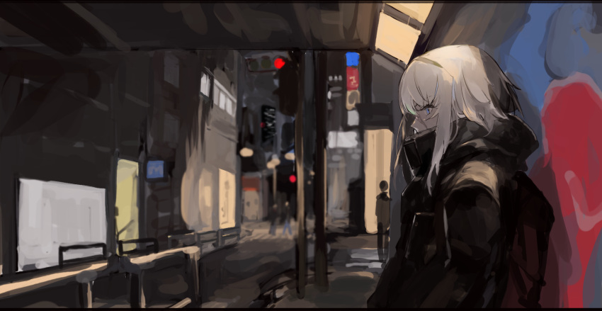 1girl blue_eyes city coat fate/grand_order fate_(series) hairband highres mary_read_(fate) night profile scar scar_on_face traffic_light white_hair yorurokujuu