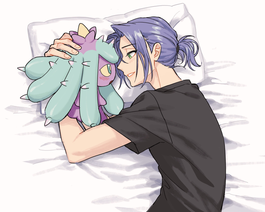 1boy bed bed_sheet black_shirt blush commentary_request eye_contact gen_7_pokemon gi_xxy green_eyes hand_on_another's_head highres james_(pokemon) light_purple_hair looking_at_another lying mareanie on_side pillow pokemon pokemon_(anime) pokemon_(creature) pokemon_sm_(anime) ponytail shirt short_ponytail team_rocket