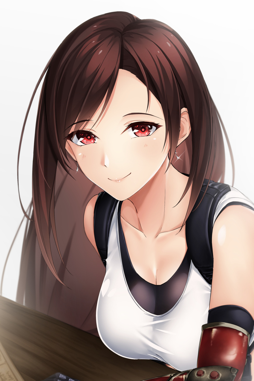 1girl absurdres bangs bare_shoulders blush breasts brown_hair closed_mouth commentary_request earrings eyebrows_visible_through_hair final_fantasy final_fantasy_vii final_fantasy_vii_remake highres jewelry lips long_hair looking_at_viewer medium_breasts red_eyes shiny shiny_hair shiny_skin simple_background sleeveless smile solo tank_top tifa_lockhart upper_body white_background white_tank_top yumemo