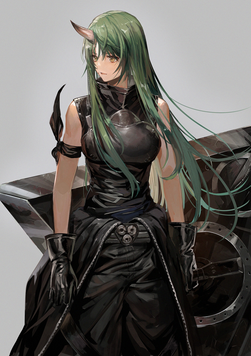 1girl aoki_(fumomo) arknights armband armor bangs black_armor black_dress black_gloves black_shirt breastplate dress feet_out_of_frame gloves green_hair grey_background hannya_(arknights) highres horns hoshiguma_(arknights) long_hair looking_to_the_side shield shirt simple_background single_horn solo weapon yellow_eyes