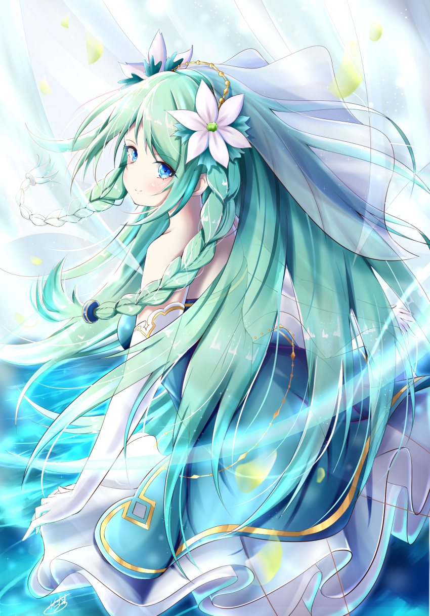 1girl absurdres bangs bare_shoulders blue_eyes blush braid breasts chika_(princess_connect!) closed_mouth dress elbow_gloves eyebrows_visible_through_hair floating_hair flower gloves green_hair hair_flower hair_ornament highres long_hair looking_at_viewer looking_back princess_connect! princess_connect!_re:dive side_braids signature smile solo takemura_kou twin_braids very_long_hair white_flower white_gloves