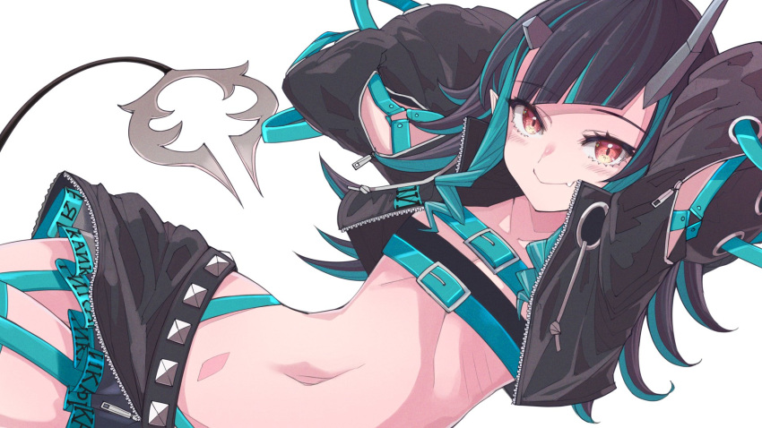 1girl 510ksk arms_behind_head arms_up bandeau belt black_hair black_jacket black_skirt closed_mouth clothing_cutout cropped_jacket demon_girl demon_horns demon_tail fang flat_chest garter_straps highleg highres horns jacket long_hair long_sleeves looking_at_viewer midriff miniskirt multicolored_hair navel open_clothes open_jacket pointy_ears red_eyes shishio_chris shoulder_cutout simple_background skirt smile solo stomach streaked_hair sugar_lyric tail two-tone_hair virtual_youtuber white_background