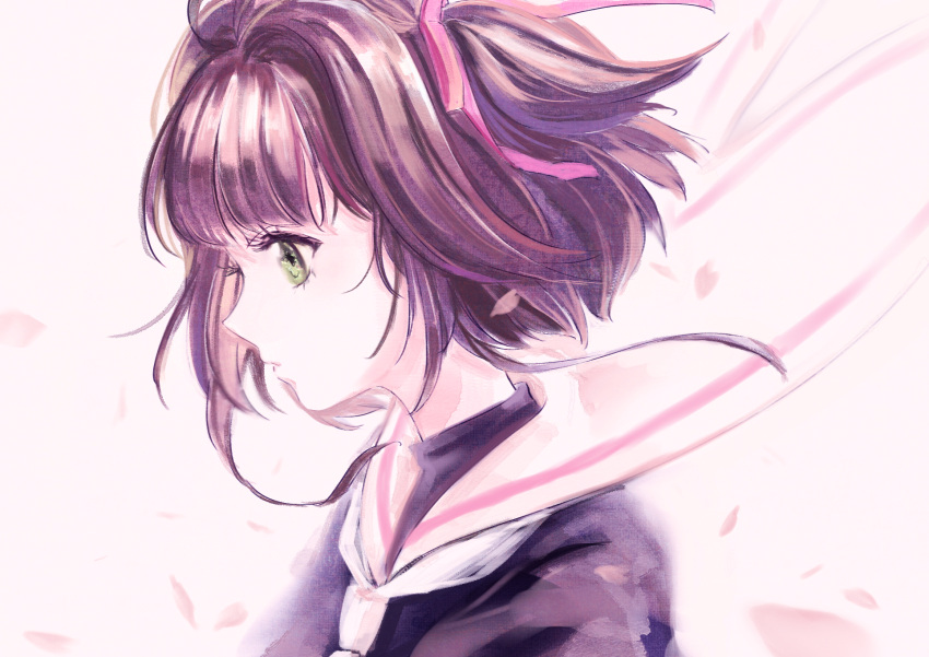 1girl antenna_hair black_shirt brown_hair cardcaptor_sakura collared_shirt floating_hair green_eyes grey_background hair_ribbon highres kinomoto_sakura kisumi_rei one_side_up parted_lips pink_ribbon portrait profile ribbon sailor_collar sailor_collar_lift sailor_shirt shiny shiny_hair shirt short_hair solo white_neckwear white_sailor_collar