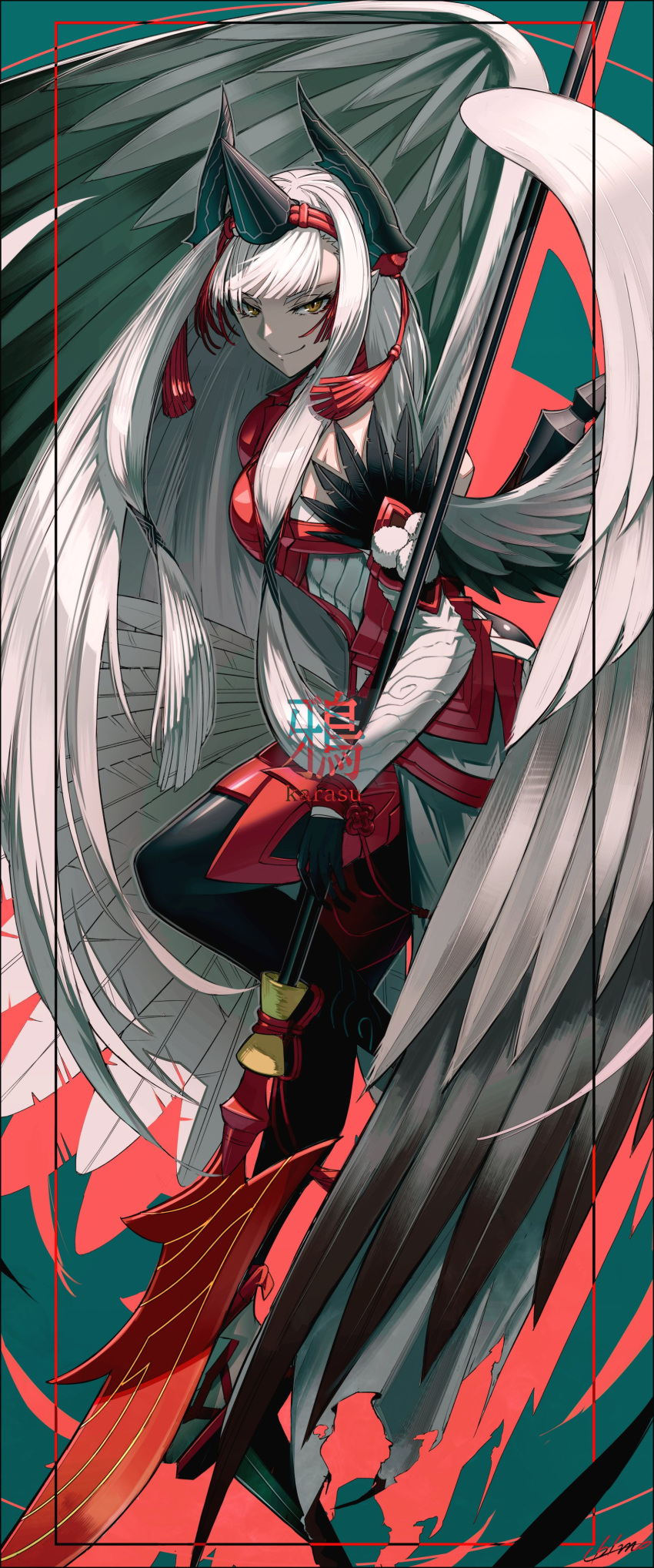 absurdres armor artist_name bangs fate/grand_order fate_(series) hair_ornament highres holding holding_polearm holding_spear holding_weapon horns japanese_armor japanese_clothes kiichi_hougen_(fate) long_hair polearm signature simple_background spear tengu ub1mo very_long_hair weapon white_hair wings yellow_eyes