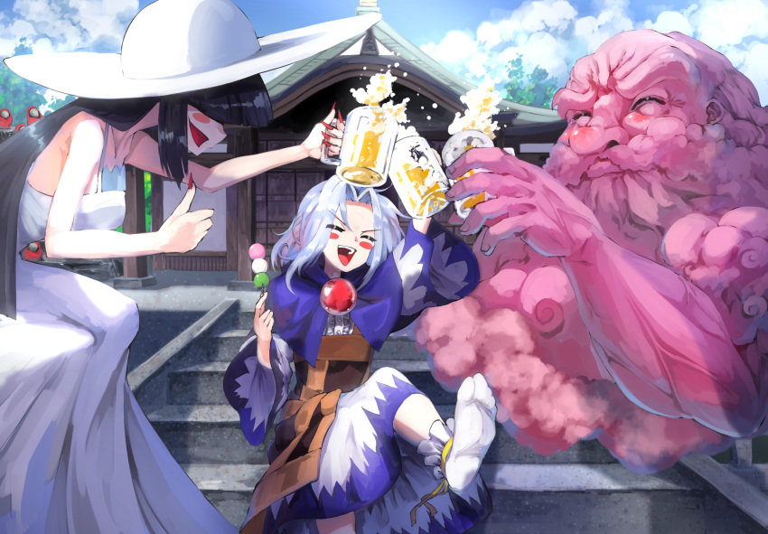 1boy 2girls architecture arms_up beer_mug black_hair blue_sky blush_stickers closed_eyes clouds commentary commission cup dango day dress east_asian_architecture fingernails food hair_intakes hair_over_eyes hasshaku-sama hat highres holding holding_cup holding_food hood hood_down kesa kumoi_ichirin leg_lift light_blue_hair long_hair mug multiple_girls nail_polish no_shoes open_mouth outdoors pixiv_request red_nails sanshoku_dango sharp_fingernails sitting sky sleeveless sleeveless_dress splashing stairs stone_stairs sun_hat sunyup tabi temple thumbs_up touhou unzan upper_teeth very_long_hair wagashi white_dress white_headwear white_legwear
