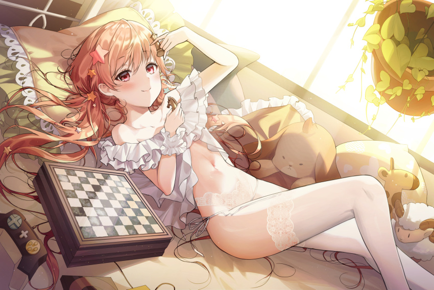 1girl alpha_(ypalpha79) bare_shoulders bed blush character_request chess_piece chessboard closed_mouth collarbone hair_ornament highres holding indoors long_hair lying midriff navel on_back panties pillow plant potted_plant red:_pride_of_eden red_eyes redhead smile solo star_(symbol) star_hair_ornament stuffed_animal stuffed_toy thigh-highs underwear white_legwear white_panties window