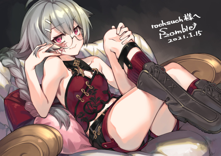 1girl ahoge bare_arms bare_shoulders belt black_footwear black_shorts boots braid breasts crop_top facial_mark glasses grey_hair hair_ornament hairclip halter_top halterneck hand_up kneehighs long_hair looking_at_viewer midriff pillow reclining red_eyes red_legwear red_shirt ribbed_legwear rocksuch_(vrchat) semi-rimless_eyewear shirt short_shorts shorts single_braid sleeveless sleeveless_shirt small_breasts smile solo super_zombie thighs under-rim_eyewear vrchat