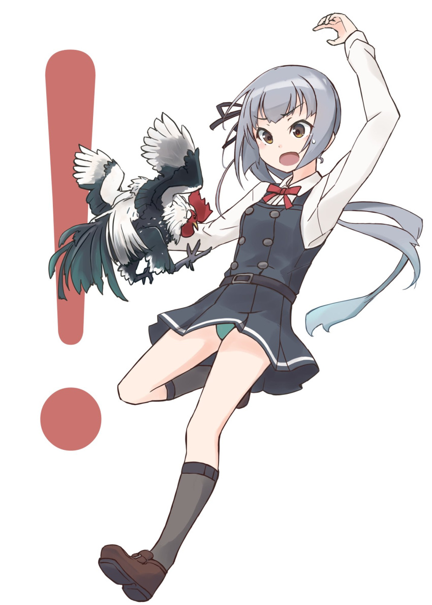 ! 1girl bird black_legwear brown_eyes chicken commentary_request dress green_panties grey_hair highres kantai_collection kasumi_(kantai_collection) kneehighs long_hair long_sleeves minosu panties pantyshot pinafore_dress red_ribbon remodel_(kantai_collection) ribbon rooster shirt side_ponytail simple_background underwear white_background white_shirt