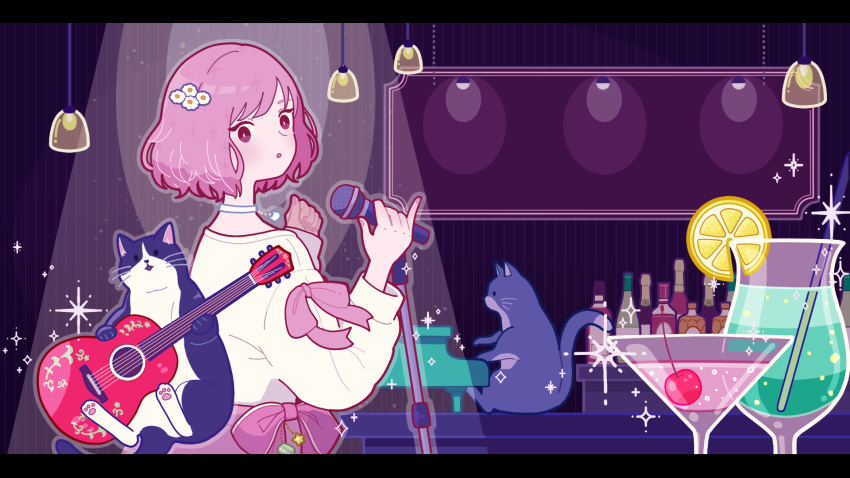 1girl blush bow cat cherry choker cocktail_glass cup drinking_glass flower food from_side fruit hair_flower hair_ornament hands_up highres holding holding_microphone instrument lemon lemon_slice long_sleeves makanon_records masaki_kanon microphone music piano playing_instrument purple_bow shirt solo sparkle upper_body white_flower white_shirt yoshimon