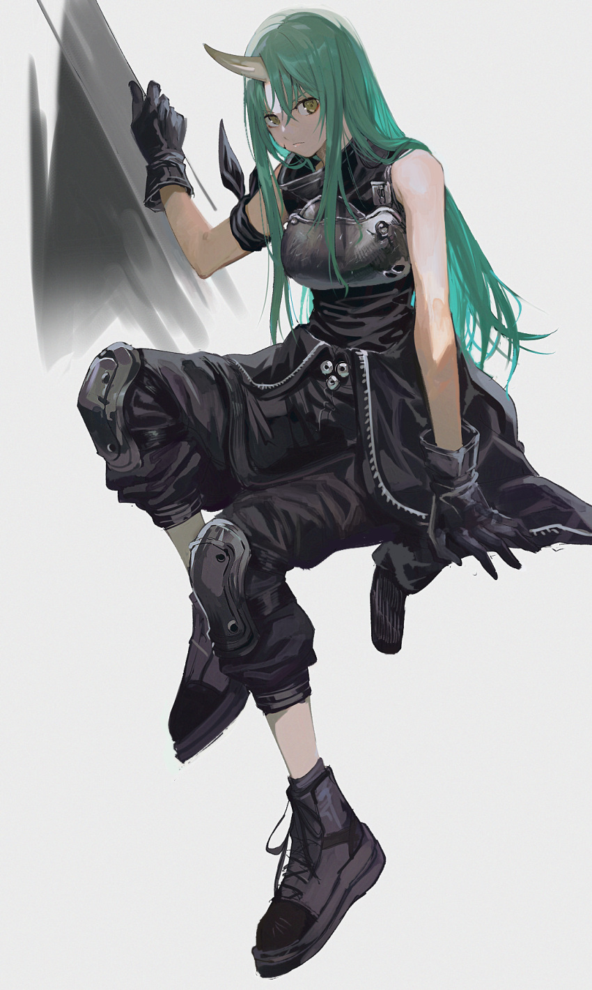 1girl aoki_(fumomo) arknights armband armor black_footwear black_gloves black_pants black_shirt breastplate closed_mouth clothes_around_waist cross-laced_footwear expressionless full_body gloves green_hair grey_background hannya_(arknights) highres horns hoshiguma_(arknights) invisible_chair jacket jacket_around_waist knee_pads long_hair looking_at_viewer oni_horns pants scar scar_on_cheek scar_on_face shield shirt shoes simple_background single_horn sitting sleeveless sleeveless_shirt solo straight_hair turtleneck unzipped yellow_eyes