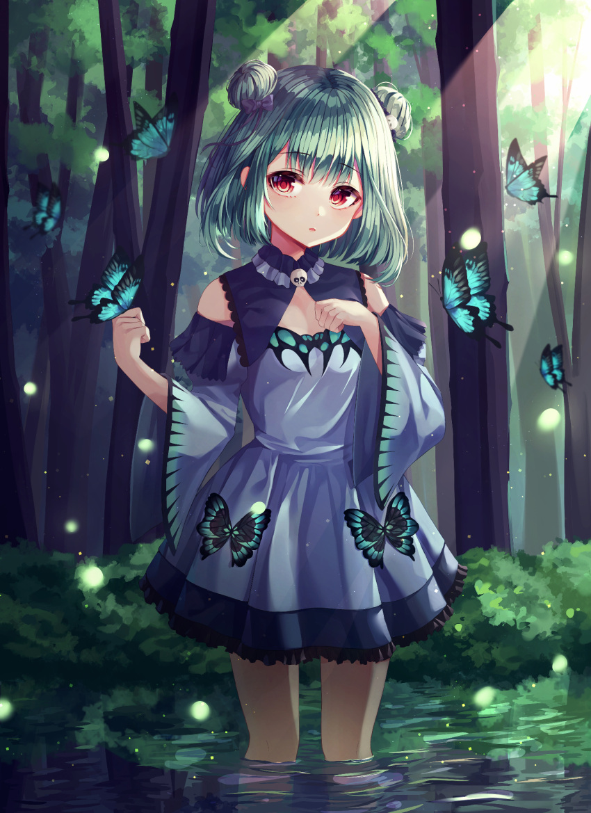 1girl bangs bare_shoulders black_bow blue_dress blue_sleeves bow bug butterfly commentary_request detached_sleeves double_bun dress eyebrows_visible_through_hair forest frilled_dress frills green_hair hair_bow highres hololive insect juliet_sleeves long_sleeves looking_at_viewer nature parted_lips puffy_sleeves red_eyes shiro_(acad1213) sleeveless sleeveless_dress solo standing uruha_rushia virtual_youtuber wading water wide_sleeves