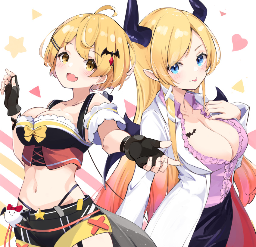 absurdres anbasa_(amaneyuz13) blonde_hair blue_eyes breasts commentary_request demon_horns demon_tail demon_wings fingerless_gloves gloves highres hololive horns jacket large_breasts long_hair looking_at_viewer open_mouth short_hair simple_background tail tongue tongue_out virtual_youtuber wings yellow_eyes yozora_mel yuzuki_choco
