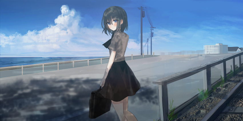 1girl ascot bangs black_hair black_neckwear black_skirt blue_eyes blue_sky blush borrowed_character building chihuri clouds cloudy_sky collared_shirt day eyebrows_visible_through_hair grey_shirt hair_between_eyes highres holding horizon looking_at_viewer looking_back ocean original outdoors parted_lips power_lines railing railroad_tracks road school_briefcase school_uniform shirt short_hair short_sleeves skirt sky solo utility_pole water