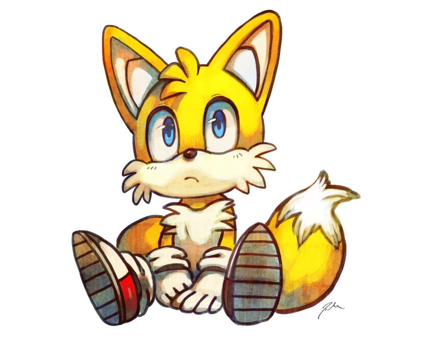 1boy blue_eyes bluekomadori english_commentary fox_boy furry gloves highres male_focus multiple_tails red_footwear simple_background sitting solo sonic_the_hedgehog tail tails_(sonic) traditional_media two_tails white_background white_gloves