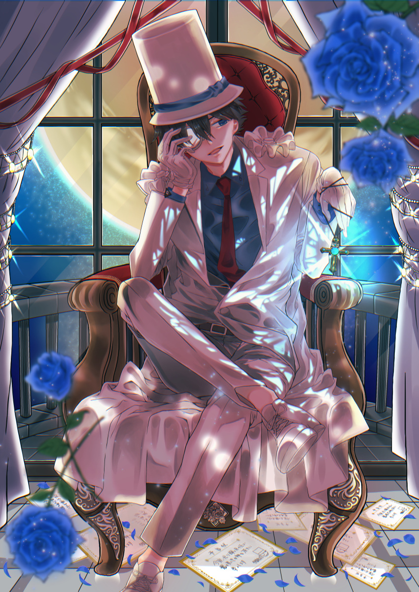 1boy absurdres aki_konoe bangs belt black_hair blue_eyes blue_flower blue_rose blurry blurry_foreground calling_card cape collared_shirt commentary_request cross cross_necklace crossed_legs curtains dress_shirt flower formal full_moon glowing hair_between_eyes hand_up hat highres holding holding_jewelry holding_necklace huge_filesize indoors jacket jewelry kaitou_kid long_sleeves looking_to_the_side magic_kaito male_focus meitantei_conan monocle monocle_chain moon necklace necktie night open_mouth pants petals red_neckwear rose shirt shoes short_hair sitting sky smile solo suit throne tile_floor tiles top_hat translation_request white_cape white_footwear white_headwear white_jacket white_pants white_suit window