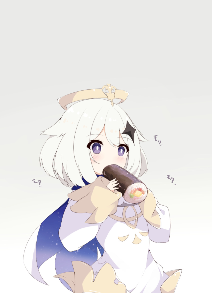 1girl bangs blush commentary_request dress eating eyebrows_visible_through_hair food fuuna genshin_impact grey_background halo hands_up highres holding holding_food long_sleeves looking_away paimon_(genshin_impact) setsubun simple_background solo violet_eyes white_dress white_hair wide_sleeves