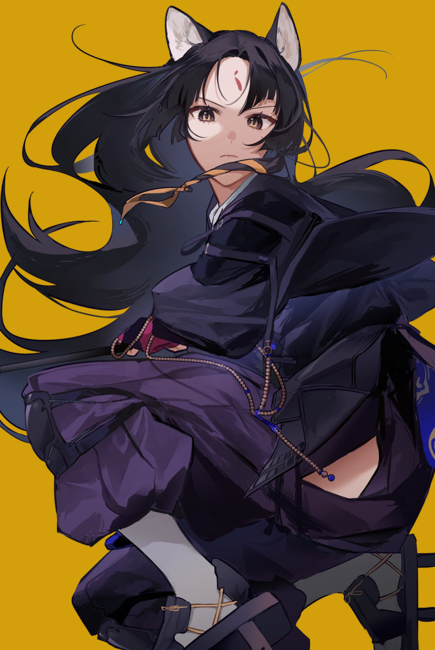 112423a 1girl absurdres animal_ears arknights bangs beads black_hair blue_kimono closed_mouth commentary dog_ears expressionless facial_mark forehead_mark full_body geta highres japanese_clothes kimono knee_pads kneeling lips long_hair looking_at_viewer multicolored multicolored_eyes one_knee pants parted_bangs purple_pants saga_(arknights) simple_background solo violet_eyes yellow_background yellow_eyes