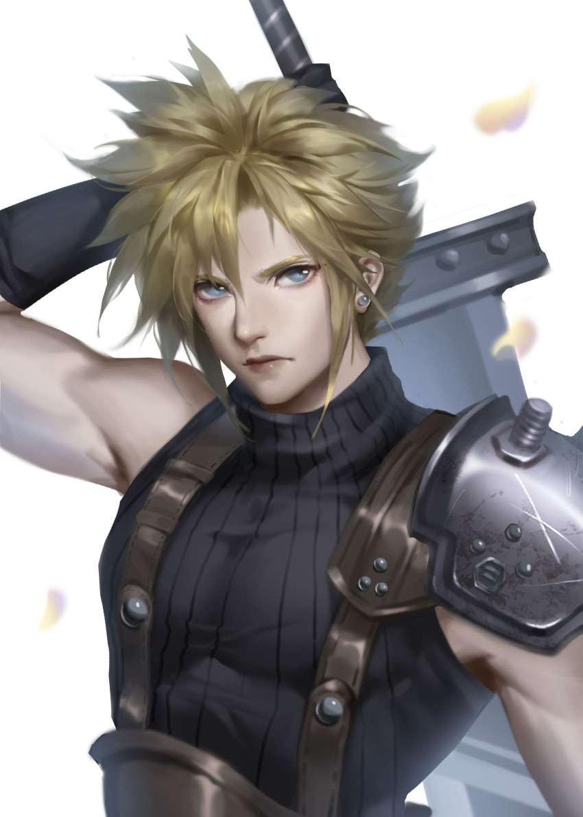 1boy absurdres armor bare_shoulders black_gloves blonde_hair blue_eyes buster_sword closed_mouth cloud_strife earrings final_fantasy final_fantasy_vii gloves hair_between_eyes highres holding holding_sword holding_weapon jewelry male_focus pauldrons petals platinalsh rust screw shoulder_armor simple_background single_pauldron solo stud_earrings sword turtleneck upper_body weapon white_background
