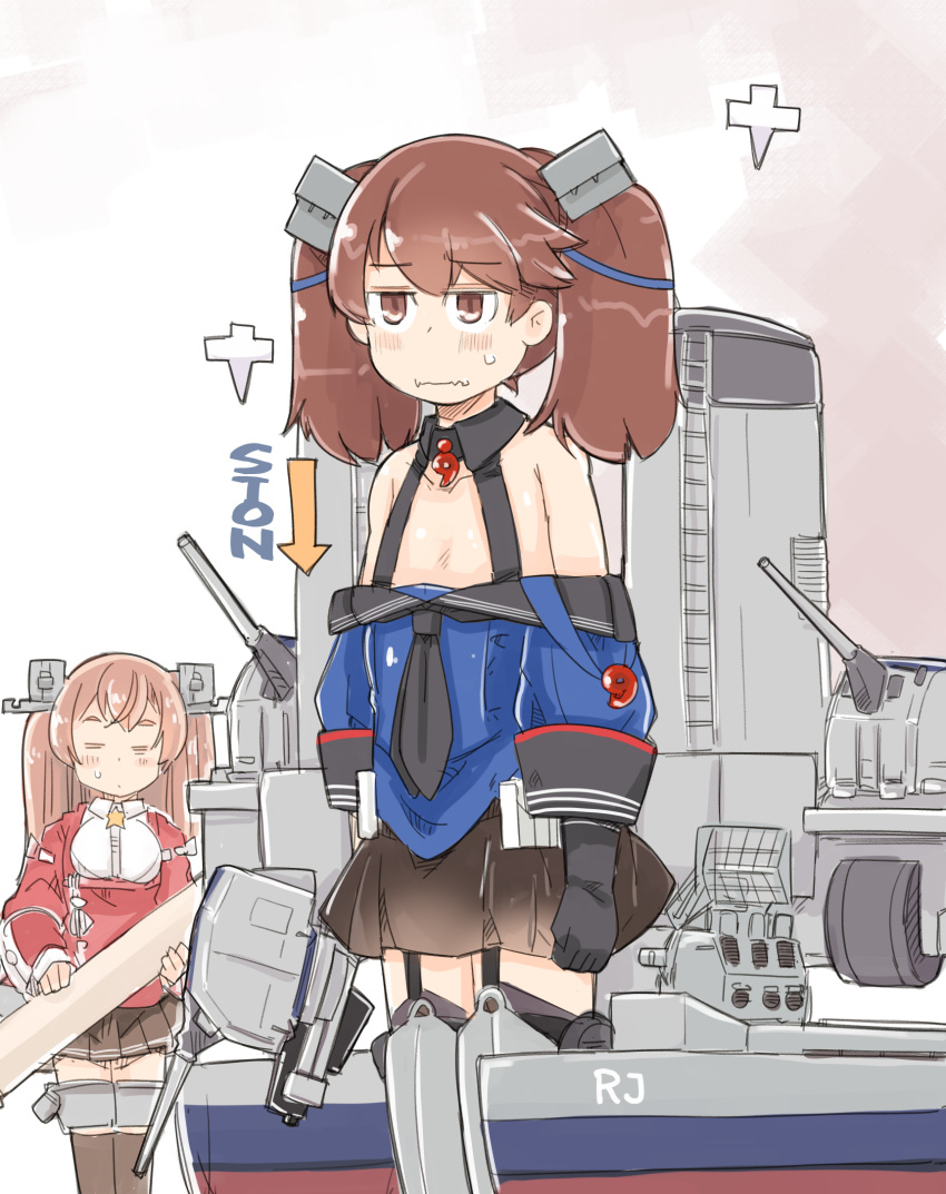 2girls adapted_turret alternate_costume black_gloves black_legwear black_skirt blue_shirt breasts brown_hair cannon cosplay costume_switch enjaku_izuku flat_chest garter_straps gloves highres japanese_clothes johnston_(kantai_collection) johnston_(kantai_collection)_(cosplay) kantai_collection kariginu light_brown_hair long_hair magatama medium_breasts multiple_girls off_shoulder pleated_skirt rigging ryuujou_(kantai_collection) ryuujou_(kantai_collection)_(cosplay) sailor_collar school_uniform serafuku shikigami shirt single_glove skirt thigh-highs turret twintails two_side_up visor_cap