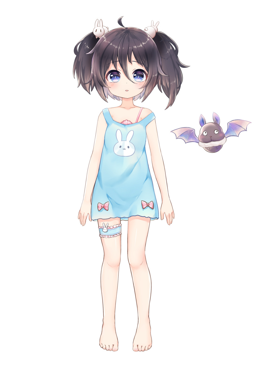 absurdres animal_print bare_shoulders barefoot bed black_hair blossomlive! blue_eyes bunny_hair_ornament bunny_print eyebrows_visible_through_hair flat_chest hair_ornament highres long_sleeves open_mouth rabbit shinyoon_nan_(vtuber) skirt sleepwear thigh_strap twintails