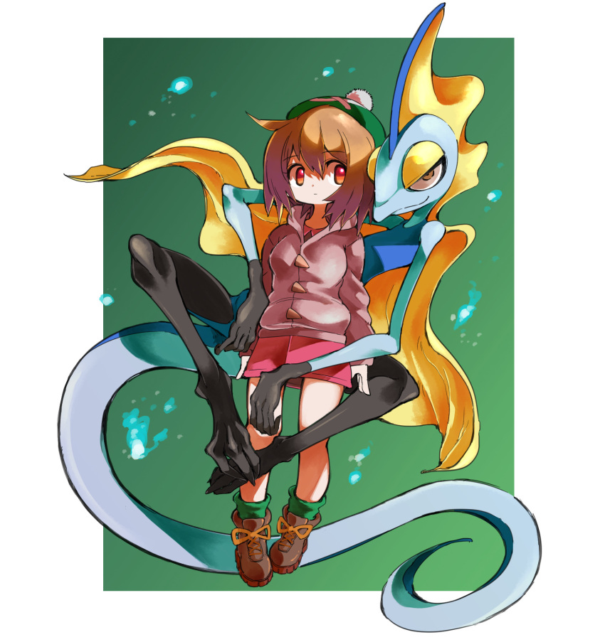 1girl bangs boots brown_footwear brown_hair cardigan closed_mouth collared_dress commentary_request dress gen_8_pokemon gloria_(pokemon) green_headwear green_legwear grey_cardigan hair_between_eyes hat highres hooded_cardigan hyou_(hyouga617) inteleon long_sleeves looking_at_viewer medium_hair pink_dress pokemon pokemon_(creature) pokemon_(game) pokemon_swsh smile socks tam_o'_shanter