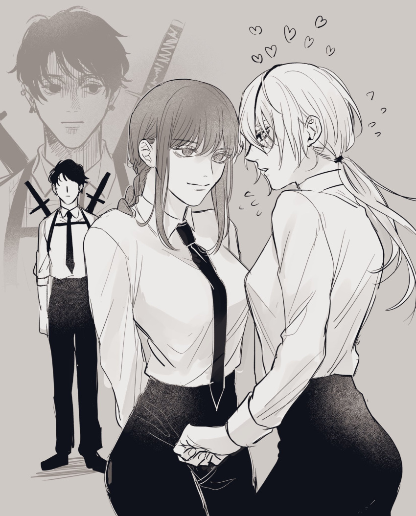 1boy 2girls arms_behind_back bangs black_eyepatch black_eyes black_hair black_neckwear black_pants blush braid braided_ponytail breasts business_suit chainsaw_man collared_shirt couple ear_piercing earrings eyebrows_visible_through_hair formal hair_between_eyes highres jewelry kishibe_(chainsaw_man) light_smile long_hair looking_to_the_side makima_(chainsaw_man) medium_breasts monochrome multiple_girls necktie nervous open_mouth pants piercing ponytail quanxi_(chainsaw_man) ringed_eyes romance scar sexually_suggestive shirt shirt_tucked_in short_hair smile staring suit sword sword_behind_back weapon weapon_on_back white_shirt wife_and_wife ymann123 younger yuri