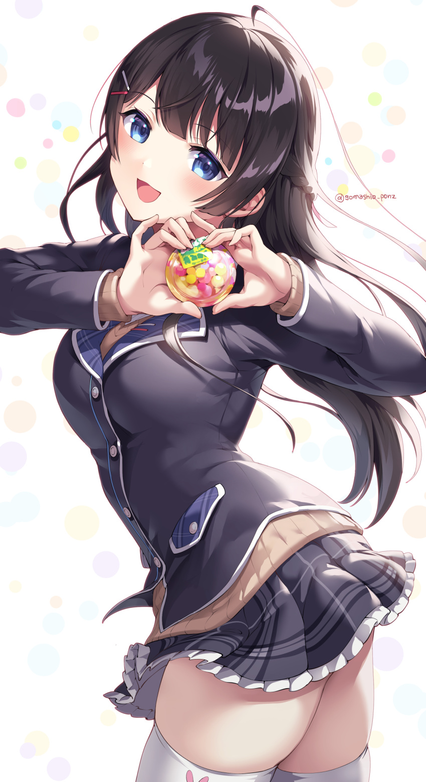 1girl :d absurdres ahoge bangs black_hair black_jacket black_skirt blazer blue_eyes blush braid breasts commentary_request cowboy_shot eyebrows_visible_through_hair frilled_skirt frills gomashio_ponz hair_ornament hairclip heart heart_hands highres holding jacket leaning_forward long_hair long_sleeves looking_at_viewer medium_breasts miniskirt nijisanji open_mouth plaid plaid_skirt pleated_skirt school_uniform skirt smile solo thigh-highs thighs tsukino_mito twisted_torso twitter_username white_background white_legwear zettai_ryouiki