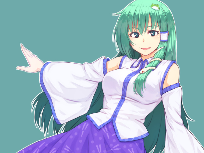 1girl bangs blue_skirt breasts collared_shirt detached_sleeves eyebrows_visible_through_hair frog_hair_ornament green_background green_eyes green_hair hair_between_eyes hair_ornament hair_tubes kakone kochiya_sanae large_breasts long_hair looking_at_viewer nontraditional_miko open_mouth patterned_clothing shirt simple_background skirt smile snake_hair_ornament solo touhou white_shirt wide_sleeves