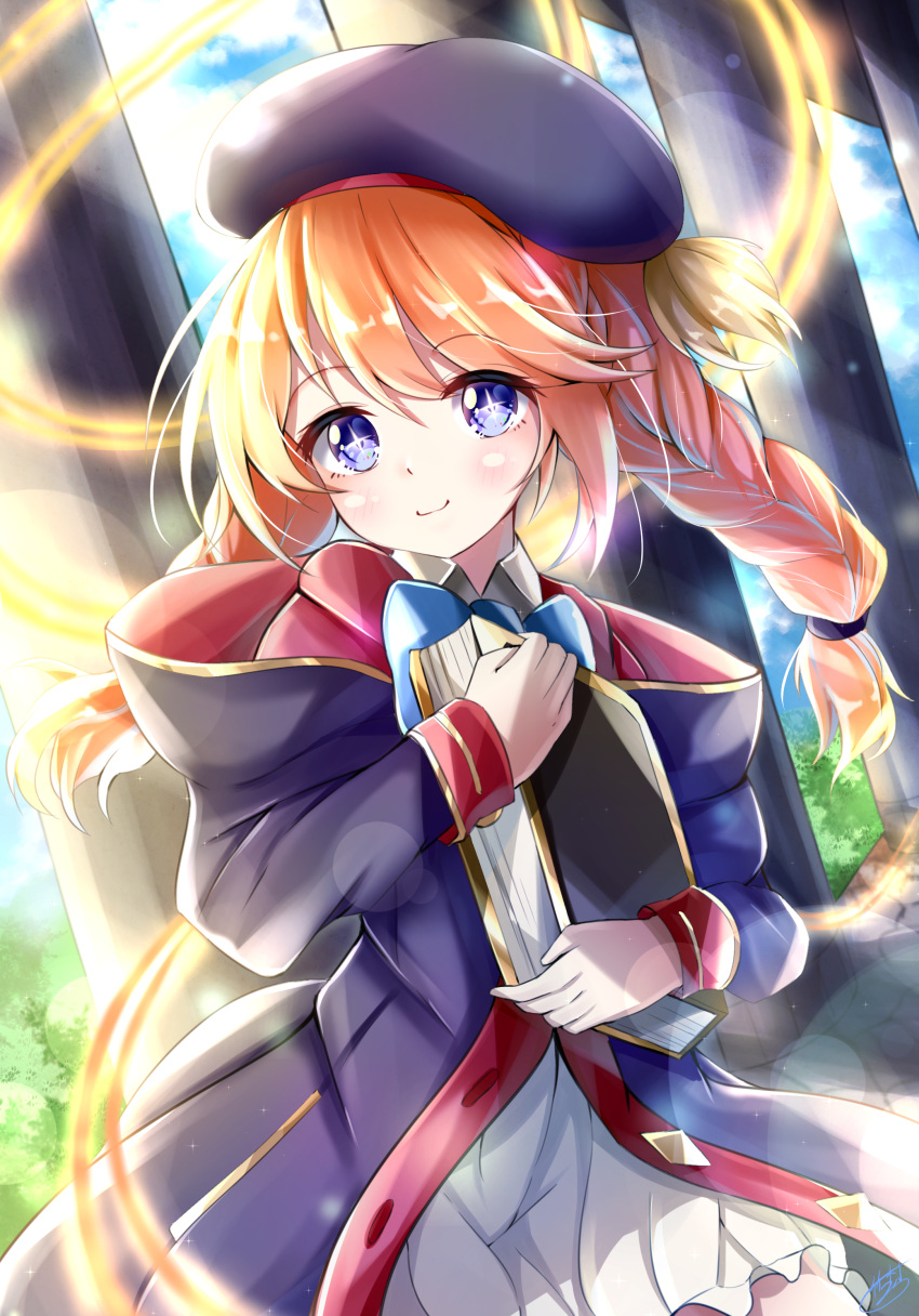 1girl :3 absurdres bangs beret black_headwear blue_bow blurry blurry_background blush book bow braid brown_hair closed_mouth coat eyebrows_visible_through_hair hair_between_eyes hat highres holding holding_book long_hair long_sleeves looking_at_viewer princess_connect! princess_connect!_re:dive signature smile solo symbol-shaped_pupils takemura_kou twin_braids violet_eyes yuni_(princess_connect!)