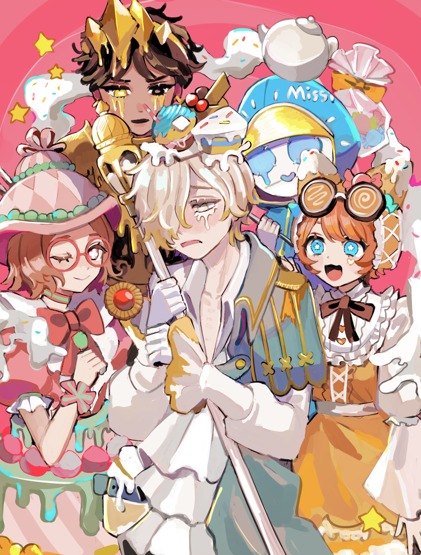 2girls 3boys absurdres alternate_eye_color bag black_eyes blonde_hair blue_eyes bow bright_pupils brown_hair candy candy_wrapper capelet cheese_(identity_v) choker collarbone cupcake dark_skin dark_skinned_male dress food frills ganji_gupta glasses gloves goggles goggles_on_head hair_ornament hair_over_one_eye hat heterochromia highres hoge_(n8sss) holding hood identity_v lava_cake_(identity_v) long_sleeves multiple_boys multiple_girls official_alternate_costume one_eye_closed open_mouth oversized_object pink_background pink_cake_(identity_v) pink_dress pink_eyes puffy_short_sleeves puffy_sleeves raincoat robbie_(identity_v) round_eyewear shirt short_hair short_sleeves simple_background smile star-shaped_pupils star_(symbol) symbol-shaped_pupils teapot tracy_reznik wail_(identity_v) white_gloves yellow_eyes