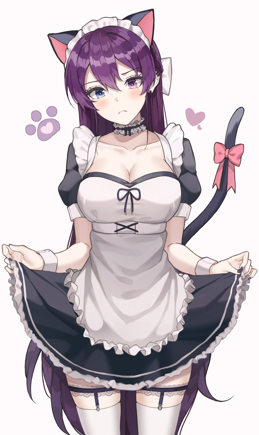 1girl absurdres animal_ears apron black_dress blue_eyes blush bow breasts cat_ears cat_tail closed_mouth collar collarbone commentary cowboy_shot detached_collar dress ear_piercing eyebrows_visible_through_hair eyelashes frilled_collar frills frown garter_straps hair_between_eyes heart heterochromia highres lips long_hair looking_at_viewer luxiel maid maid_apron maid_headdress medium_breasts original paw_print piercing pink_bow puffy_short_sleeves puffy_sleeves purple_hair short_sleeves simple_background skirt_hold solo straight_hair symbol_commentary tail tail_bow tail_ornament thigh-highs thigh_strap thighs very_long_hair violet_eyes white_background white_legwear
