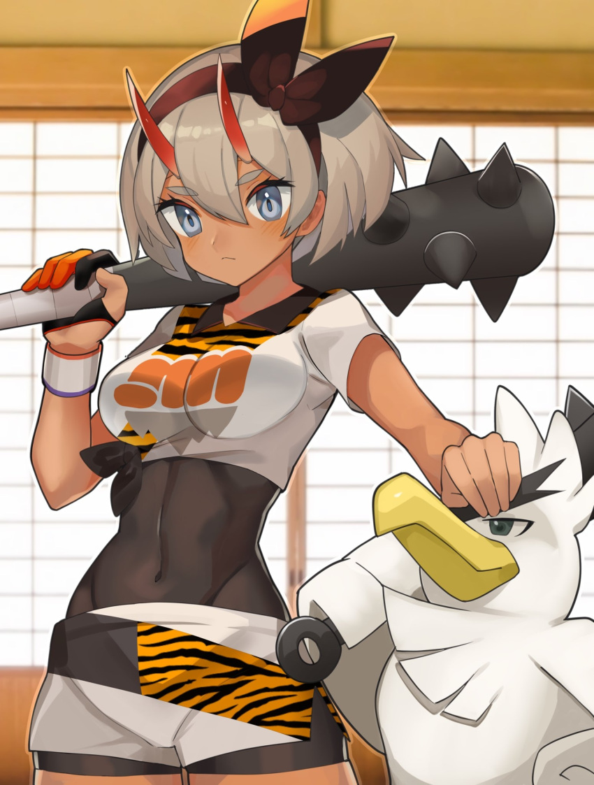 1girl bangs bea_(pokemon) black_bodysuit blush bodysuit bodysuit_under_clothes bow_hairband breasts brown_hairband closed_mouth collared_shirt commentary_request covered_navel dark_skin dark-skinned_female dynamax_band eyelashes gen_8_pokemon gloves grey_eyes grey_hair gym_leader hair_between_eyes hairband highres holding holding_weapon horns indoors katwo oni partially_fingerless_gloves pokemon pokemon_(creature) pokemon_(game) pokemon_swsh print_shirt setsubun shirt short_hair short_sleeves shorts side_slit side_slit_shorts single_glove sirfetch'd tied_shirt weapon