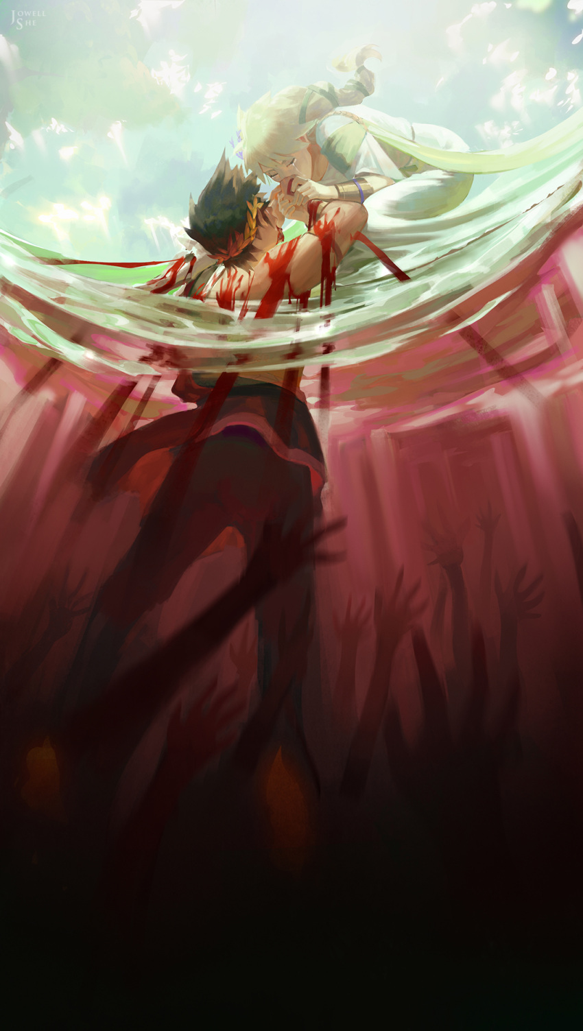 1boy 1girl artist_name black_hair blonde_hair blood closed_eyes clouds cloudy_sky dress from_below greek_clothes hades_(game) highres holding_hands jowell_she laurel_crown leggings mother_and_son partially_submerged persephone_(hades) ponytail sky squatting tears water zagreus_(hades)