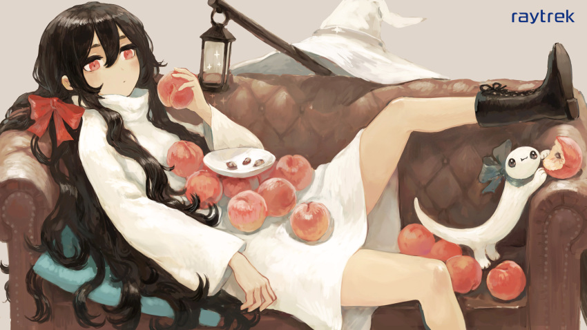 1girl absurdres black_footwear black_hair blush bow couch creature dress expressionless food foot_out_of_frame fruit gregor_(tsurunoka) grey_background hair_between_eyes hair_bow hat highres holding holding_food holding_fruit lead_white_(tsurunoka) long_hair long_sleeves original pink_eyes red_bow shadow shoes solo tsurunoka very_long_hair white_dress white_headwear witch_hat