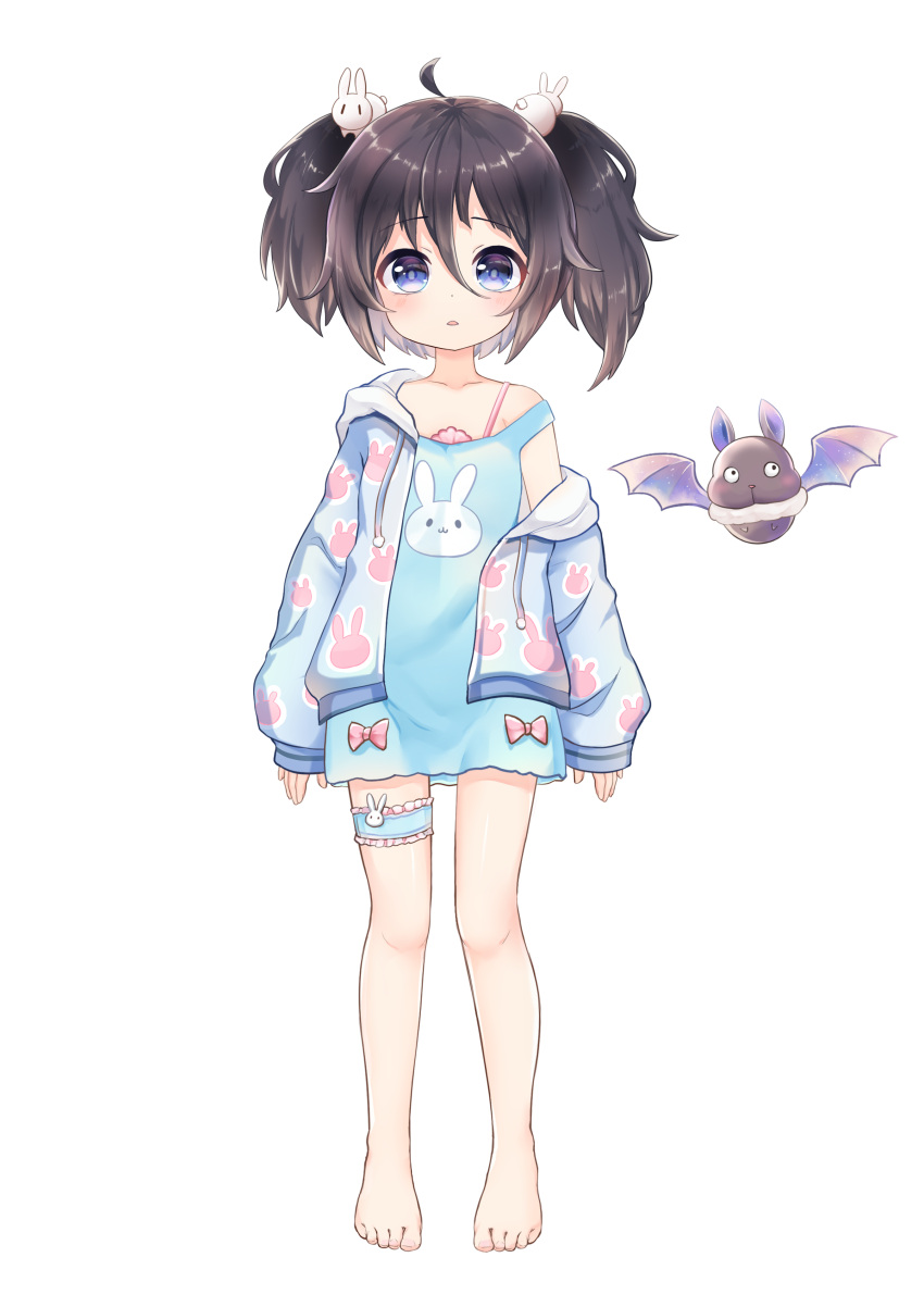 absurdres animal_print bare_shoulders barefoot bed black_hair blossomlive! blue_eyes bunny_hair_ornament bunny_print eyebrows_visible_through_hair flat_chest hair_ornament highres long_sleeves oversized_clothes rabbit shinyoon_nan_(vtuber) sleepwear twintails
