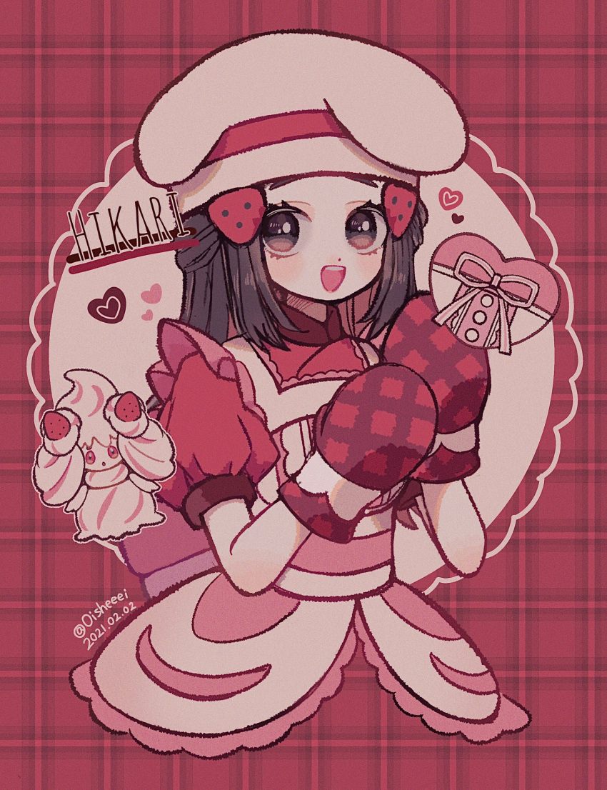 1girl alcremie alcremie_(strawberry_sweet) apron artist_name black_hair buttons character_name dated hikari_(pokemon) eyelashes frills gen_8_pokemon hair_ornament hairclip hands_up hat heart highres long_hair looking_at_viewer mameeekueya mittens open_mouth oven_mitts pink_ribbon pokemon pokemon_(creature) pokemon_(game) pokemon_masters_ex ribbon short_sleeves sidelocks smile teeth tongue upper_body