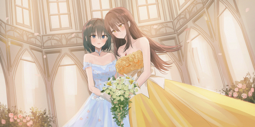 2girls :d bangs bare_arms bare_shoulders black_hair blue_dress blue_eyes blush borrowed_character bouquet breasts brown_eyes brown_hair chihuri closed_mouth collarbone dress eyebrows_visible_through_hair flower hair_between_eyes highres holding holding_bouquet indoors jewelry long_hair medium_breasts multiple_girls open_mouth original pendant petals pink_flower pink_rose rose short_hair small_breasts smile strapless strapless_dress very_long_hair wedding_dress white_flower yellow_dress yuri