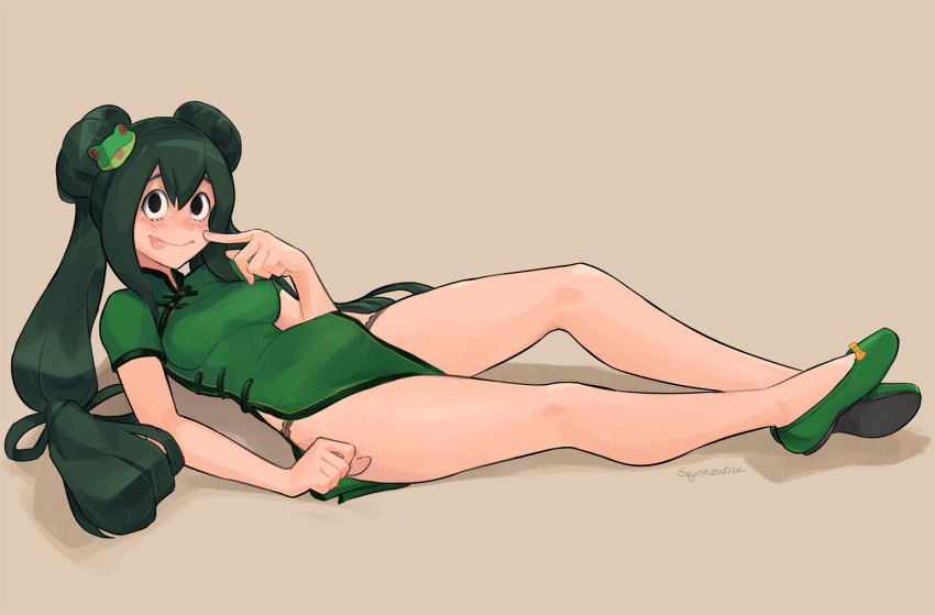 1girl alternate_hairstyle asui_tsuyu bare_legs black_eyes blush boku_no_hero_academia bow_by_hair breasts china_dress chinese_clothes commission double_bun dress finger_to_cheek fingernails flats frog_girl frog_hair_ornament full_body green_dress green_footwear green_hair hair_ornament long_hair long_legs low-tied_long_hair lying medium_breasts nose_blush on_back pelvic_curtain short_dress side_slit solo squeezable_(artist) thighs tongue tongue_out twintails