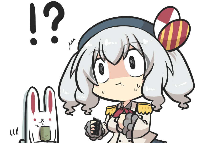 !? 1girl @_@ absurdres beret bow chibi commentary_request cup ehoumaki epaulettes eyebrows_visible_through_hair food goma_(gomasamune) hair_between_eyes hat highres holding holding_food jacket kantai_collection kashima_(kantai_collection) long_sleeves makizushi military military_uniform rabbit sidelocks silver_hair surprised sushi sweatdrop twintails uniform upper_body wide-eyed yunomi